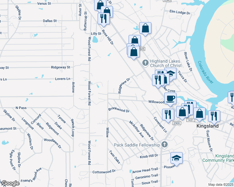 map of restaurants, bars, coffee shops, grocery stores, and more near 742 Willowood in Kingsland