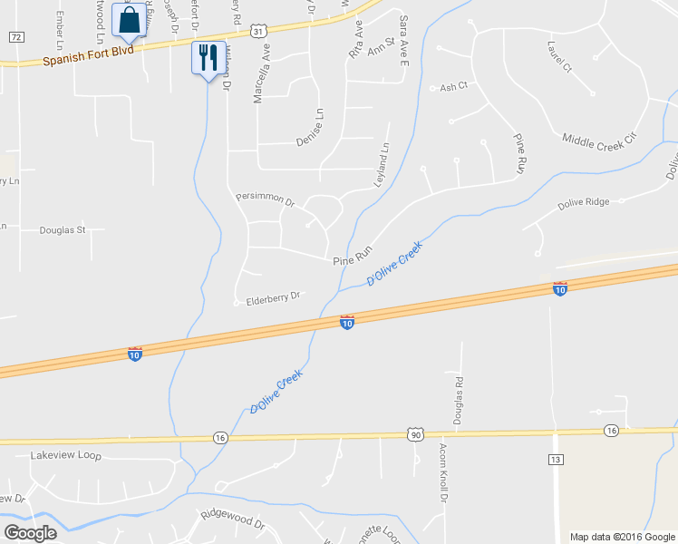 map of restaurants, bars, coffee shops, grocery stores, and more near 7995 Pine Run in Spanish Fort