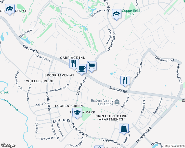 map of restaurants, bars, coffee shops, grocery stores, and more near 4301 Boonville Road in Bryan