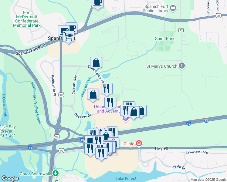 map of restaurants, bars, coffee shops, grocery stores, and more near 30000 Town Centre Avenue in Spanish Fort