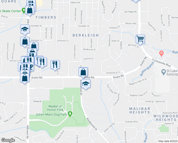 map of restaurants, bars, coffee shops, grocery stores, and more near 5920 Grelot Road in Mobile