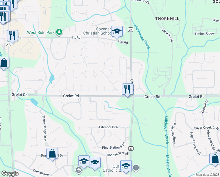 map of restaurants, bars, coffee shops, grocery stores, and more near 7221 Carson Road South in Mobile