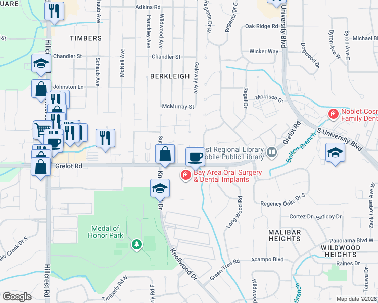 map of restaurants, bars, coffee shops, grocery stores, and more near 5910 Grelot Road in Mobile
