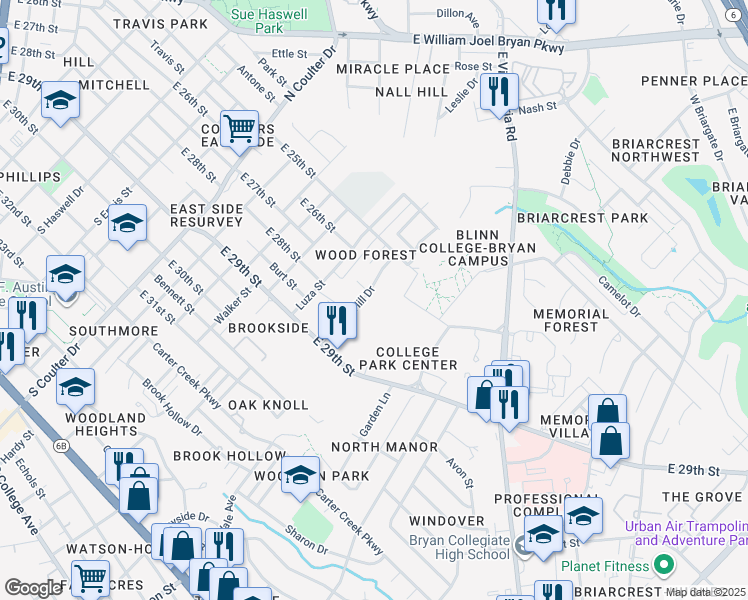 map of restaurants, bars, coffee shops, grocery stores, and more near 1506 Hollow Hill Drive in Bryan