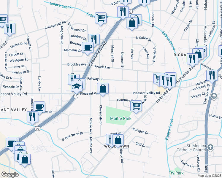 map of restaurants, bars, coffee shops, grocery stores, and more near 2557 Pleasant Valley Road in Mobile