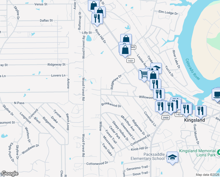 map of restaurants, bars, coffee shops, grocery stores, and more near 742 Willowood in Kingsland
