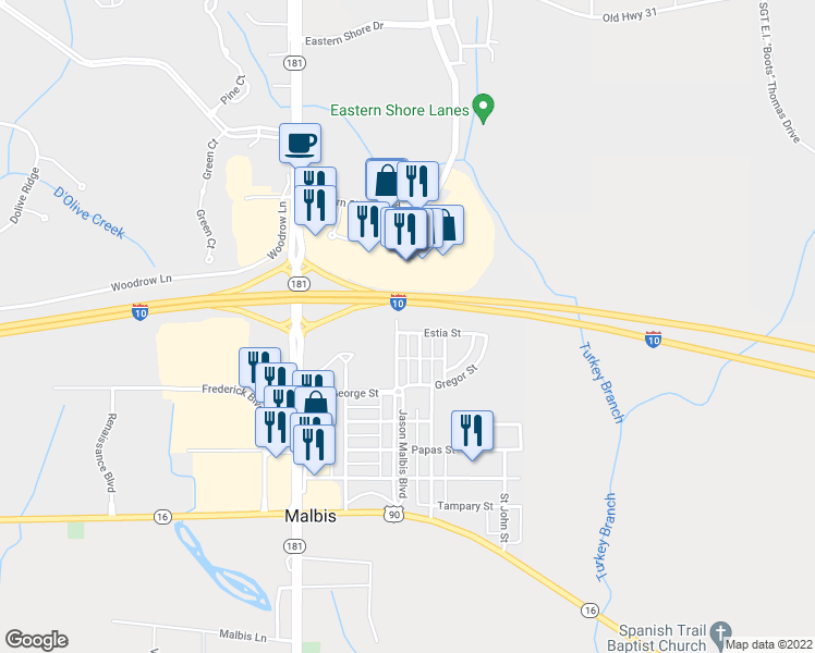 map of restaurants, bars, coffee shops, grocery stores, and more near 10189 Estia Street in Daphne