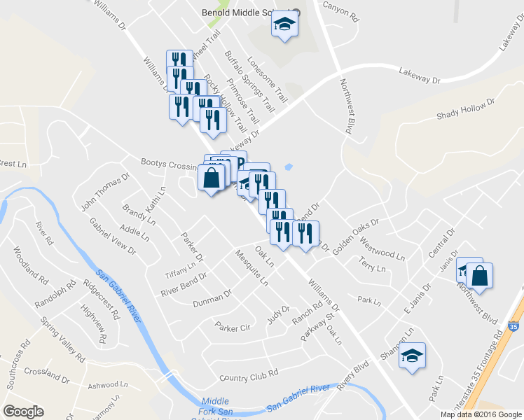 map of restaurants, bars, coffee shops, grocery stores, and more near 2941 Williams Drive in Georgetown