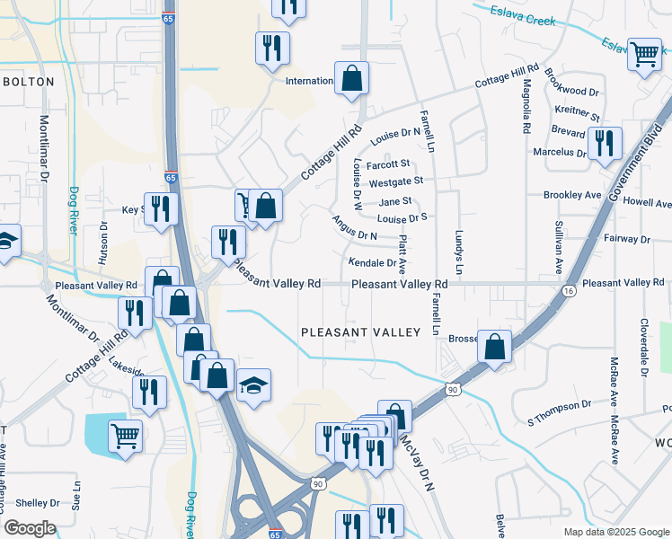 map of restaurants, bars, coffee shops, grocery stores, and more near 808 Myra Drive in Mobile