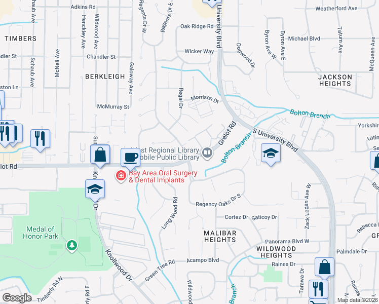 map of restaurants, bars, coffee shops, grocery stores, and more near 1321 Westbury Drive in Mobile