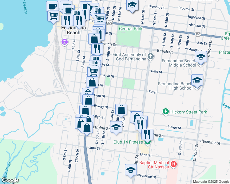 map of restaurants, bars, coffee shops, grocery stores, and more near 702 South 11th Street in Fernandina Beach