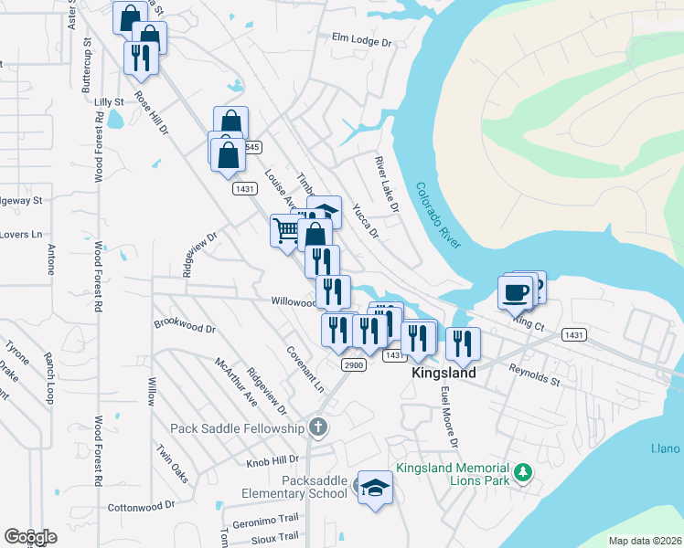map of restaurants, bars, coffee shops, grocery stores, and more near 1943 Glen Cove in Kingsland