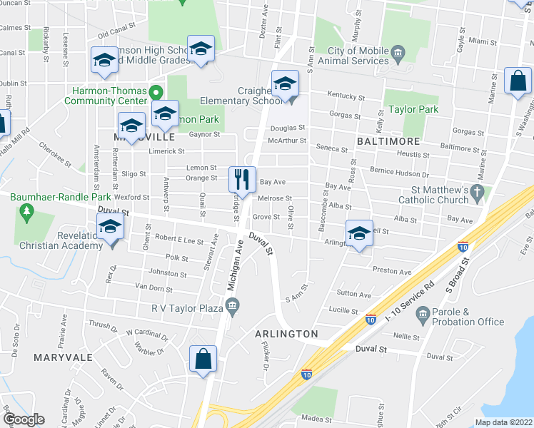 map of restaurants, bars, coffee shops, grocery stores, and more near 1260 Leo Street in Mobile