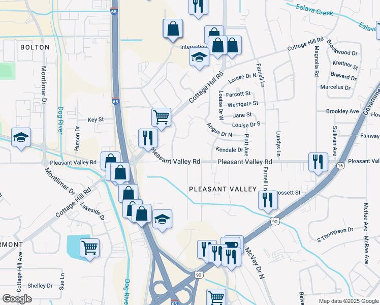 map of restaurants, bars, coffee shops, grocery stores, and more near 3233 Executive Park Circle in Mobile