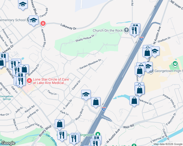map of restaurants, bars, coffee shops, grocery stores, and more near 1705 Golden Vista Drive in Georgetown