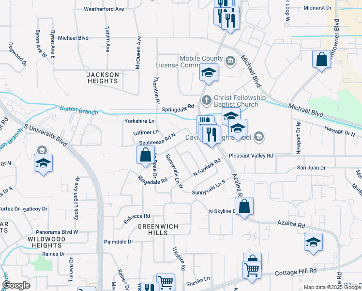 map of restaurants, bars, coffee shops, grocery stores, and more near 4013 Cresthaven Road in Mobile