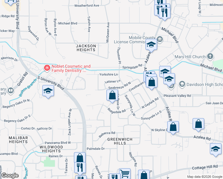 map of restaurants, bars, coffee shops, grocery stores, and more near 4105 Latimer Lane in Mobile