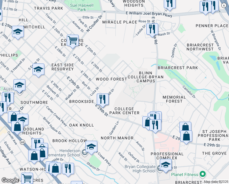 map of restaurants, bars, coffee shops, grocery stores, and more near 1608 Hollow Hill Drive in Bryan