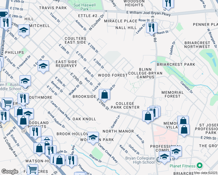 map of restaurants, bars, coffee shops, grocery stores, and more near 1513 Hollow Hill Drive in Bryan
