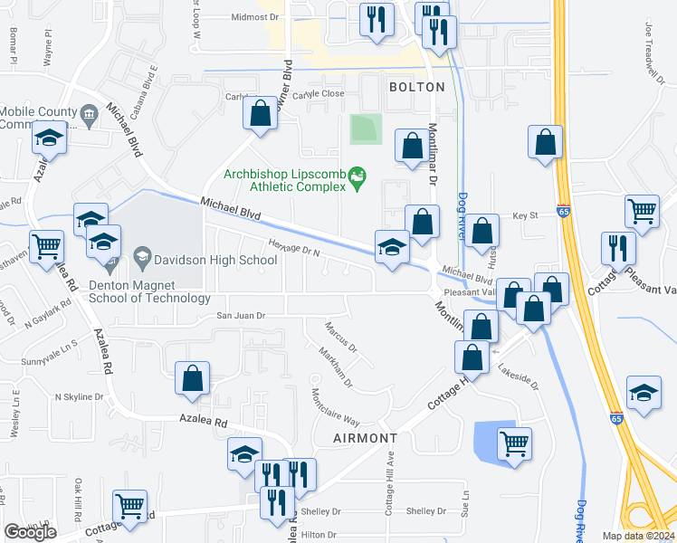 map of restaurants, bars, coffee shops, grocery stores, and more near 502 Heritage Circle in Mobile