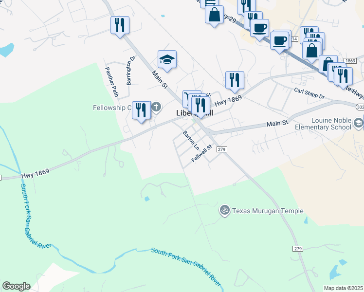map of restaurants, bars, coffee shops, grocery stores, and more near 200 Grange Road in Liberty Hill