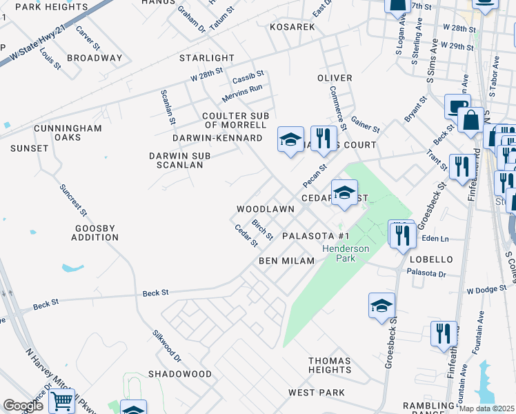 map of restaurants, bars, coffee shops, grocery stores, and more near 1600 Bamboo Street in Bryan