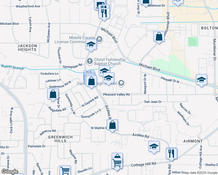 map of restaurants, bars, coffee shops, grocery stores, and more near 3800 Pleasant Valley Road in Mobile