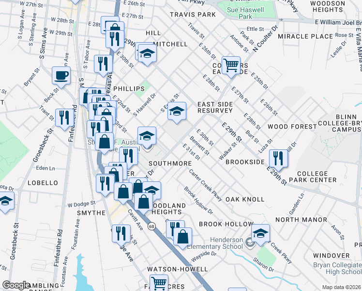 map of restaurants, bars, coffee shops, grocery stores, and more near 609 South Coulter Drive in Bryan