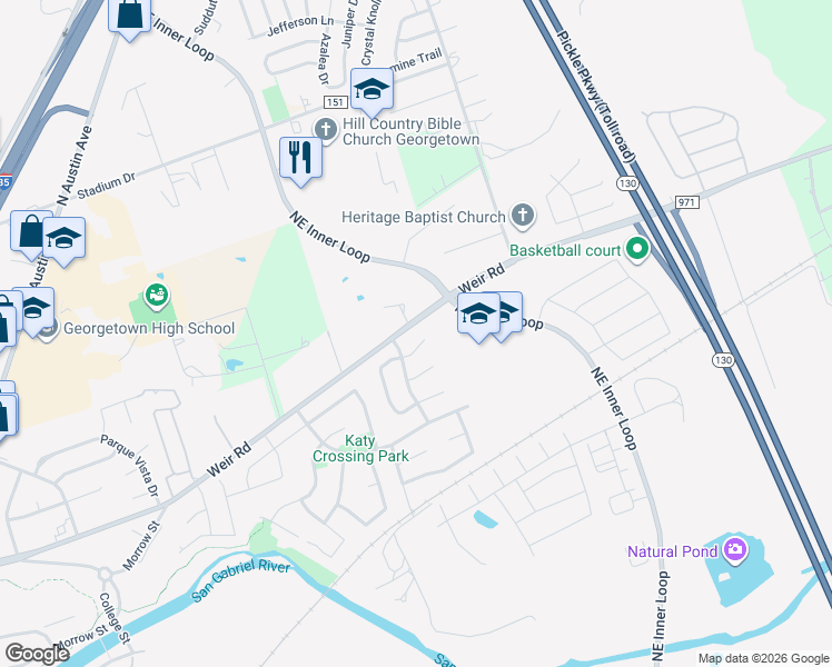 map of restaurants, bars, coffee shops, grocery stores, and more near 1023 Kajon Cove in Georgetown