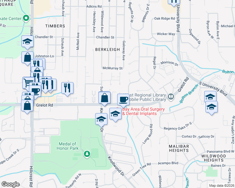 map of restaurants, bars, coffee shops, grocery stores, and more near 5920 Grelot Road in Mobile