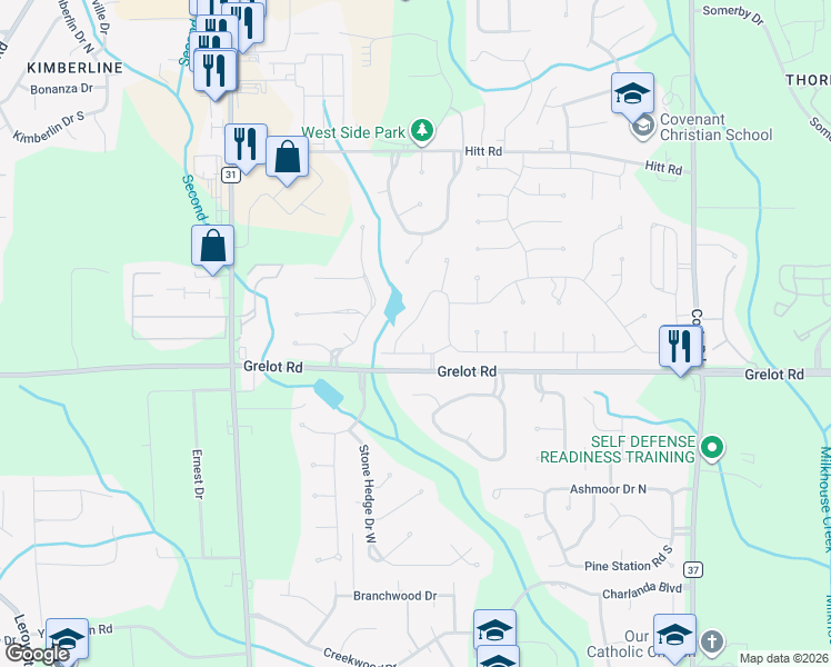 map of restaurants, bars, coffee shops, grocery stores, and more near 1315 Carson Road West in Mobile