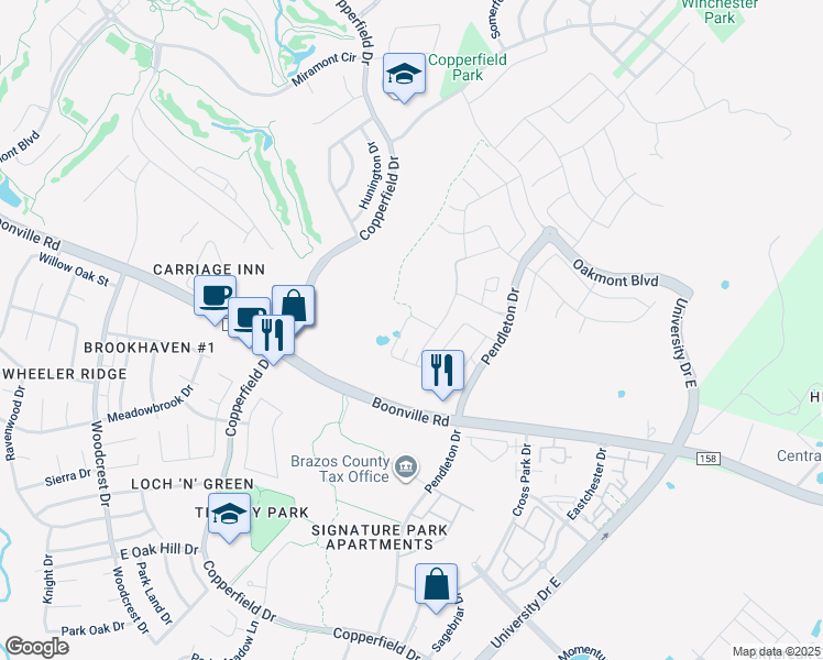 map of restaurants, bars, coffee shops, grocery stores, and more near 4225 Pendleton Drive in Bryan