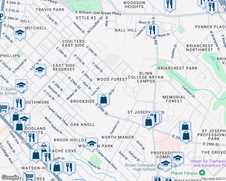 map of restaurants, bars, coffee shops, grocery stores, and more near 1608 Hollow Hill Drive in Bryan
