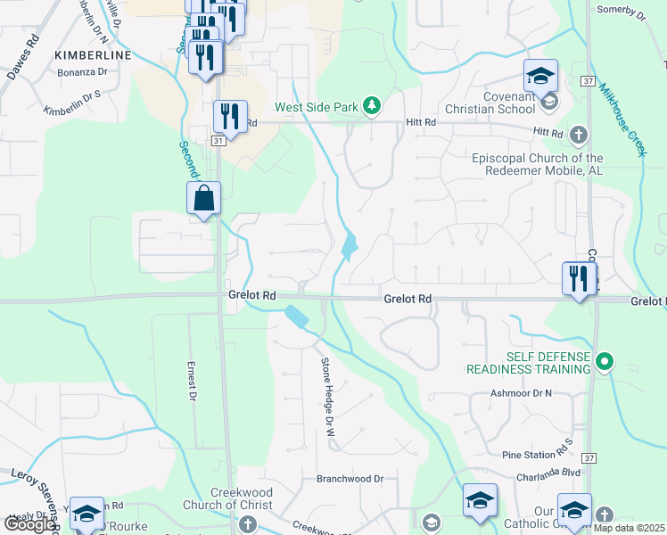 map of restaurants, bars, coffee shops, grocery stores, and more near 1350 Cameron Drive in Mobile