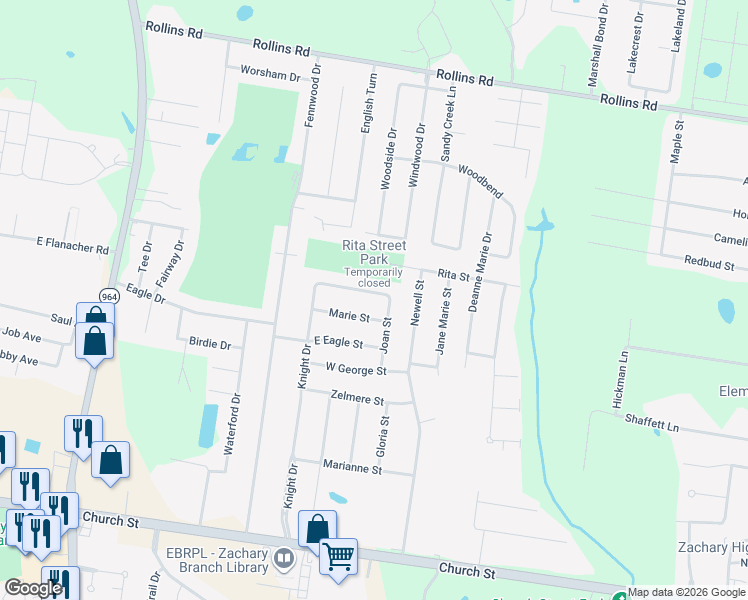 map of restaurants, bars, coffee shops, grocery stores, and more near 2135 Alice Street in Zachary