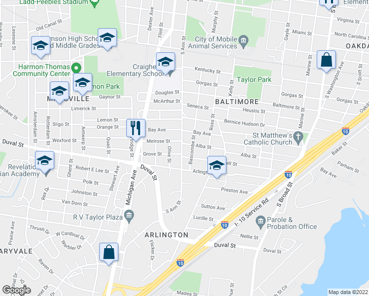 map of restaurants, bars, coffee shops, grocery stores, and more near 1253 South Ann Street in Mobile