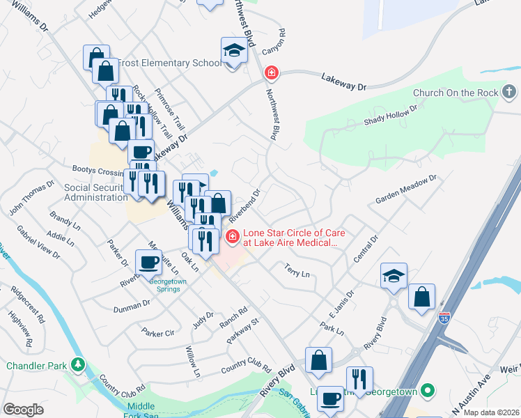 map of restaurants, bars, coffee shops, grocery stores, and more near 7 Westwood Lane in Georgetown