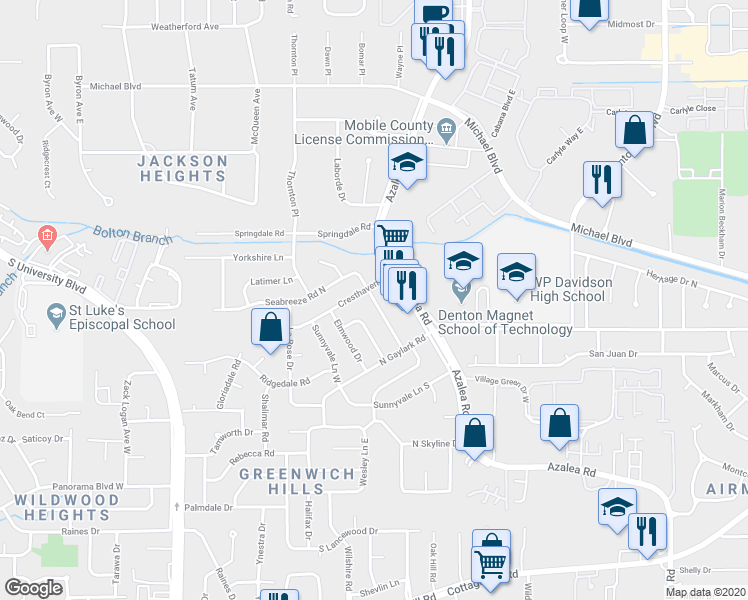 map of restaurants, bars, coffee shops, grocery stores, and more near 407 Seabreeze Road East in Mobile