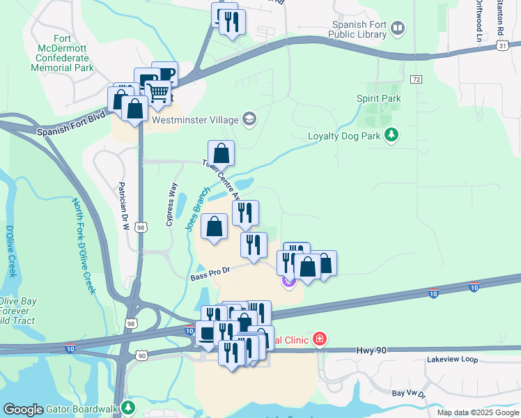 map of restaurants, bars, coffee shops, grocery stores, and more near 6 North Service Road in Spanish Fort