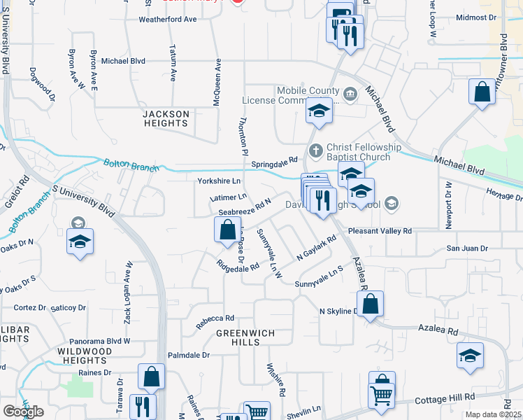 map of restaurants, bars, coffee shops, grocery stores, and more near 4016 Seabreeze Road North in Mobile