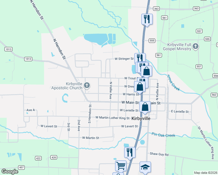 map of restaurants, bars, coffee shops, grocery stores, and more near 508 West Drew Street in Kirbyville