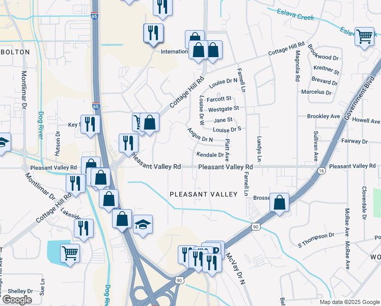 map of restaurants, bars, coffee shops, grocery stores, and more near 800 Myra Drive in Mobile