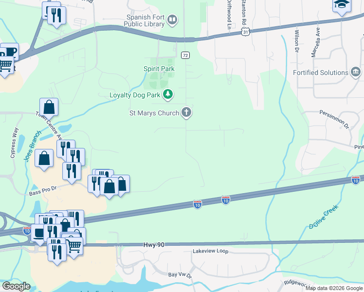 map of restaurants, bars, coffee shops, grocery stores, and more near 30067 Wayside Drive in Spanish Fort