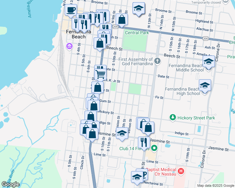 map of restaurants, bars, coffee shops, grocery stores, and more near 532 South 11th Street in Fernandina Beach