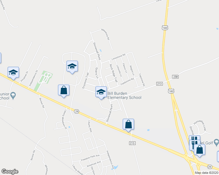 map of restaurants, bars, coffee shops, grocery stores, and more near 83 Prospector Lane in Liberty Hill