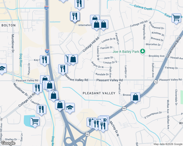 map of restaurants, bars, coffee shops, grocery stores, and more near 3150 Kendale Drive in Mobile
