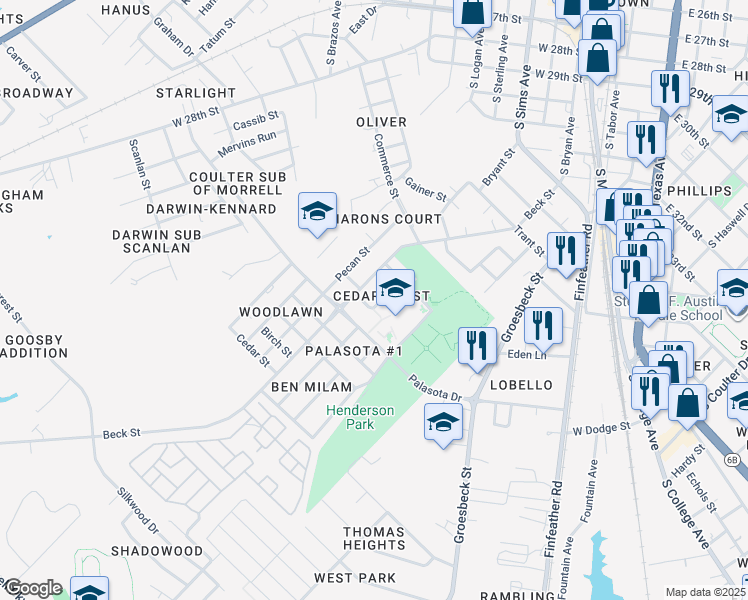 map of restaurants, bars, coffee shops, grocery stores, and more near 1434 Cedarcrest Lane in Bryan