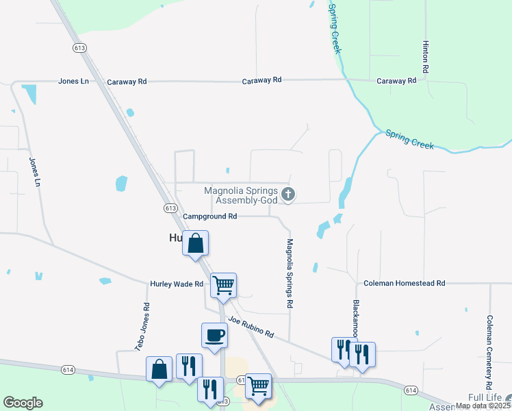 map of restaurants, bars, coffee shops, grocery stores, and more near 7143 Campground Road in Moss Point
