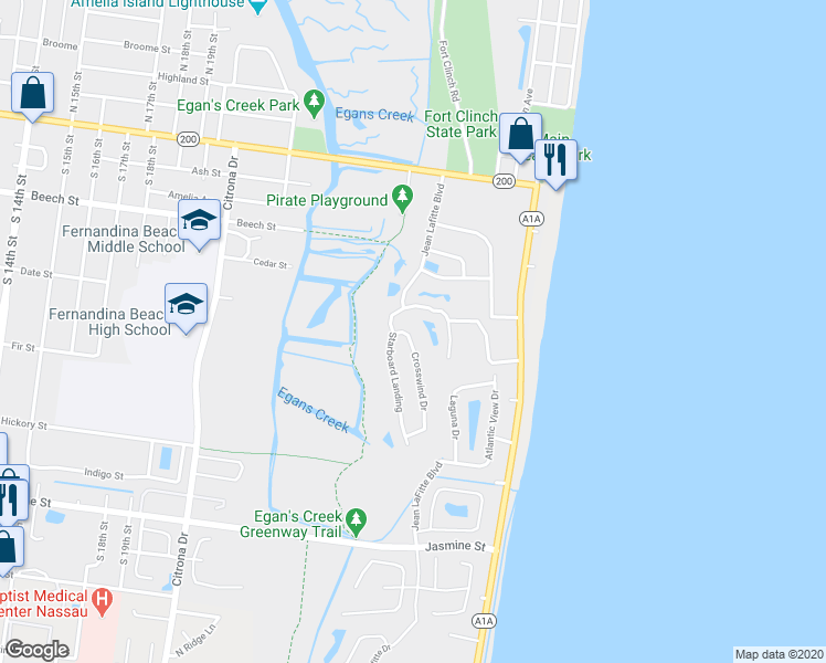 map of restaurants, bars, coffee shops, grocery stores, and more near 480 Crosswind Drive in Fernandina Beach
