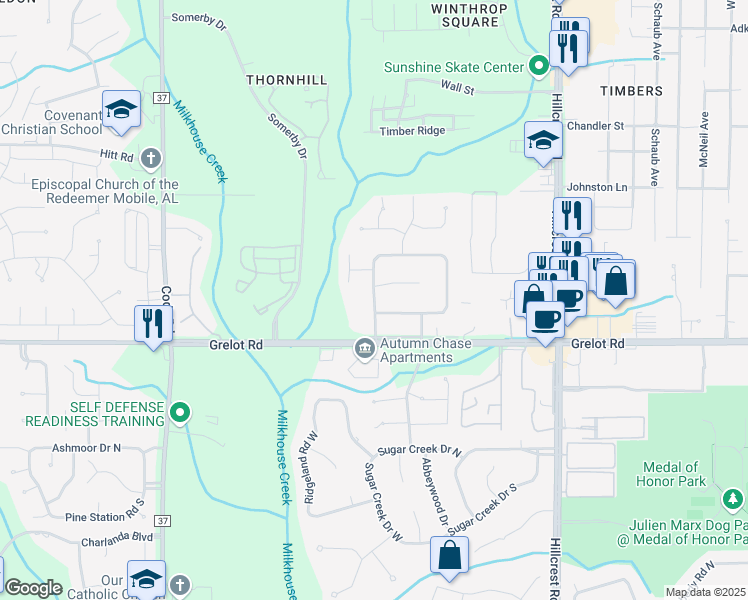 map of restaurants, bars, coffee shops, grocery stores, and more near 1215 Chimney Top Drive West in Mobile